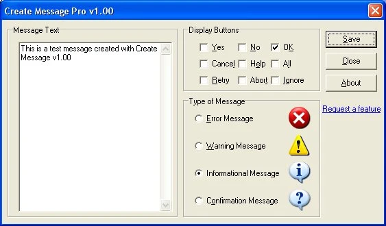 Create Message Pro main screen with message text, button, and icon configuration options