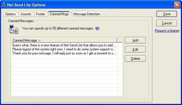 Net Send Lite canned messages configuration with up to 50 entries