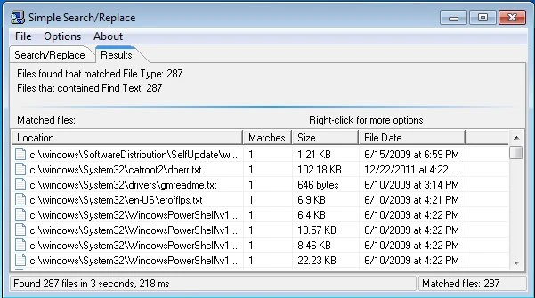 Simple Search-Replace results tab showing matching files with file paths and dates