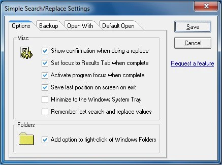 Simple Search-Replace settings dialog showing Windows Explorer integration and tray icon options
