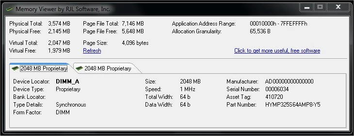 ViewMem main screen showing installed memory configuration